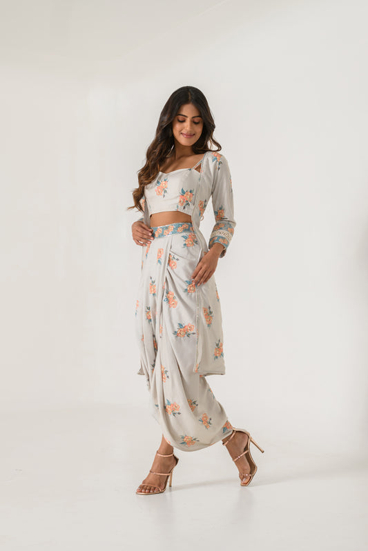 Pista Green Striped Cape, Bralette & Lungi Set