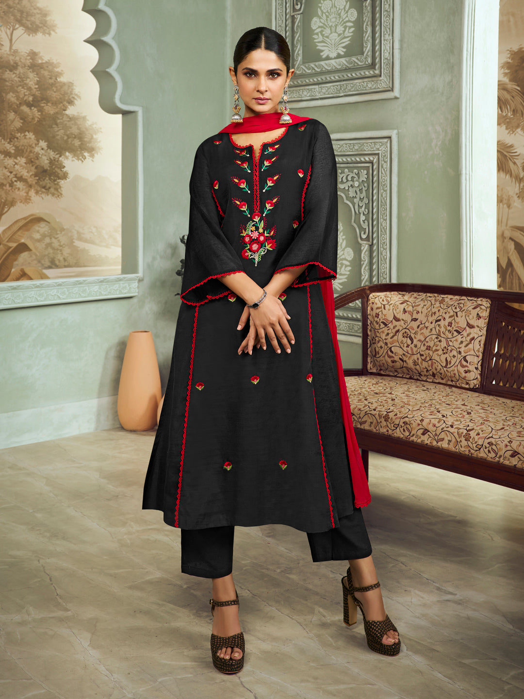 Black Floral Embroidery Straight Kurta Set With Printed Dupatta