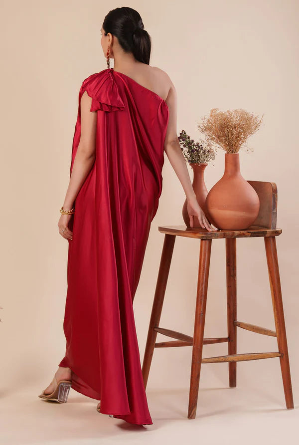 MUSH - Women Stylist Maroon Red One Shoulder Pleated And Drape Style Satin Gown