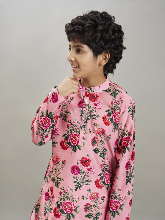 Boys Peach floral printed kurta with a off white pajama