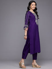 Women Silk Navy Blue Zari Embroidered Kurta Set With Dupatta
