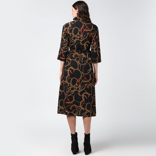 Women's Black and Yellow Chain Print Midi Dress