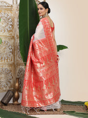 Premium Woven Linen Cotton Saree with Traditional Zari Border – Elegant Festive Look Perfect for Durga Puja, Navratri & Bengali Celebrations
