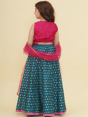Girls Pink Embroidered Choli Turquoise Blue Woven Design Ready to Wear Lehenga With Dupatta