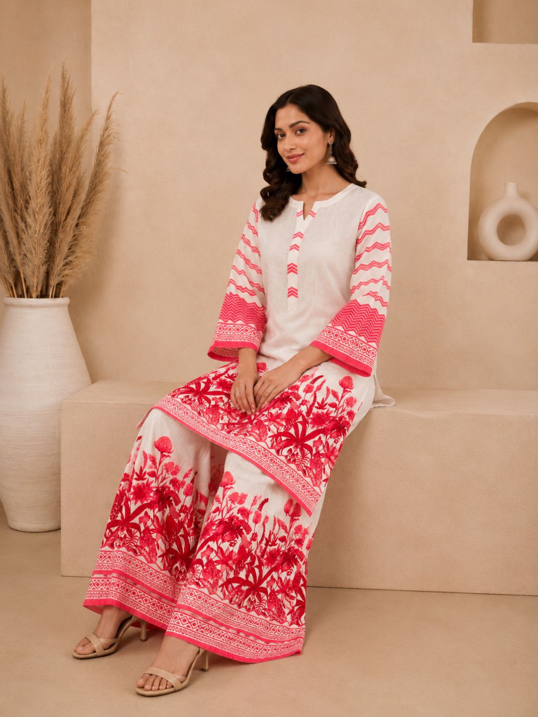 Off White Printed Cotton Straight Kurta Set