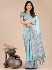 Radiant Sky Blue Silk Saree with Pink & Blue Floral Pattern – Perfect for Weddings & Festive Glamour