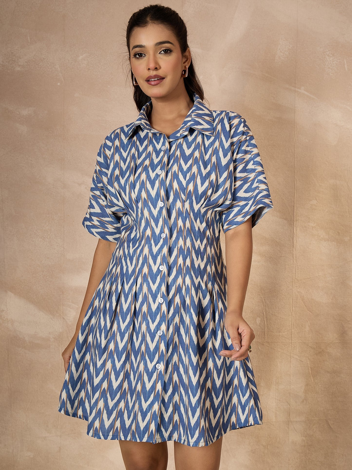 StyleStone Women's Polyester Blue Chevron Dress with Waist Fitting