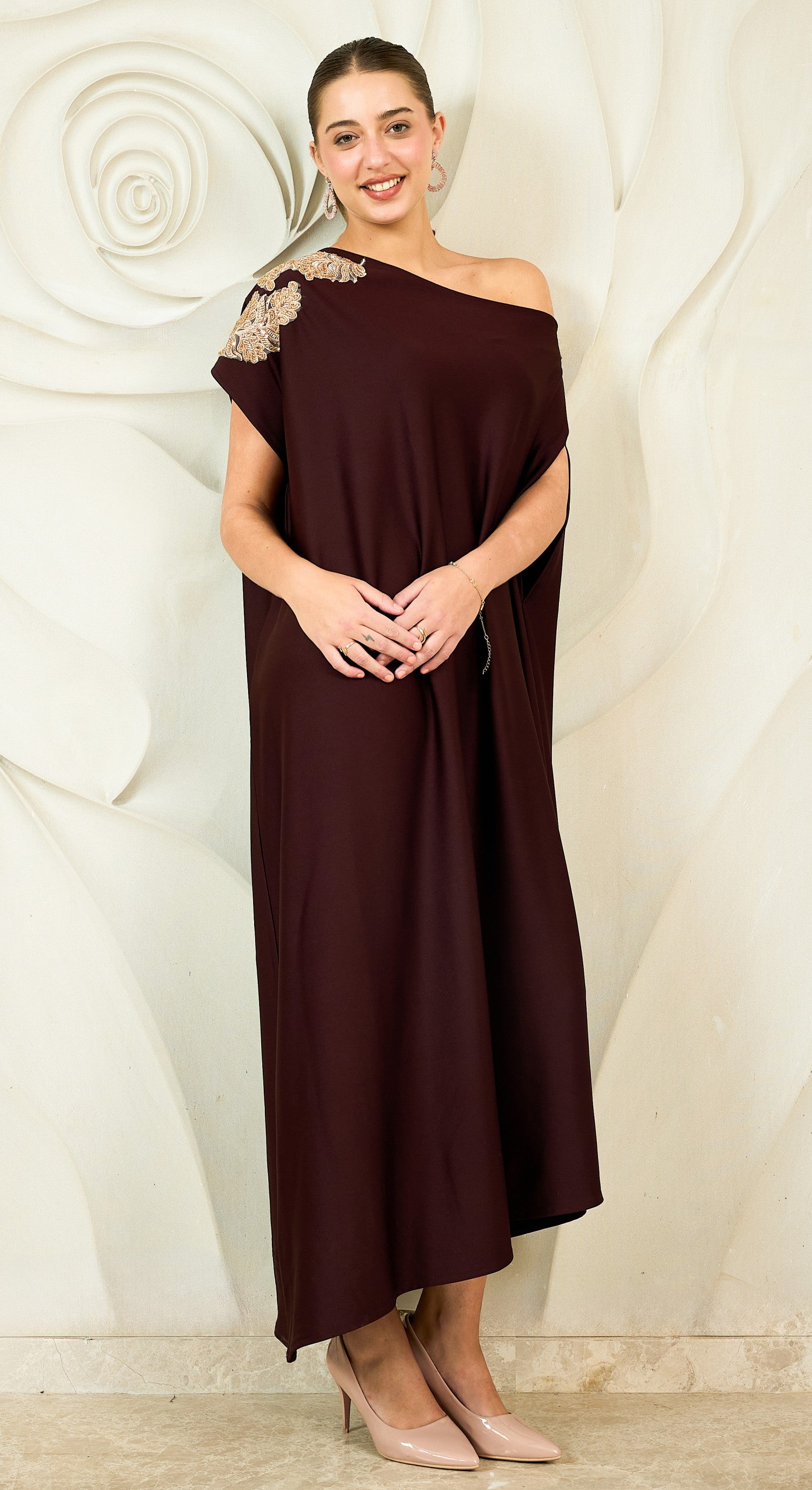 Embroidered One Shoulder Kaftan Maxi Dress