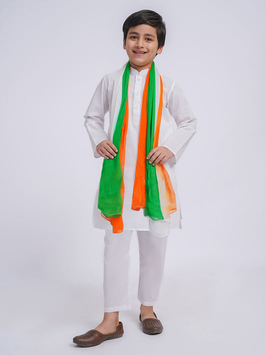 Boys' White Pure Cotton Kurta, Pyjama & Dupatta Set