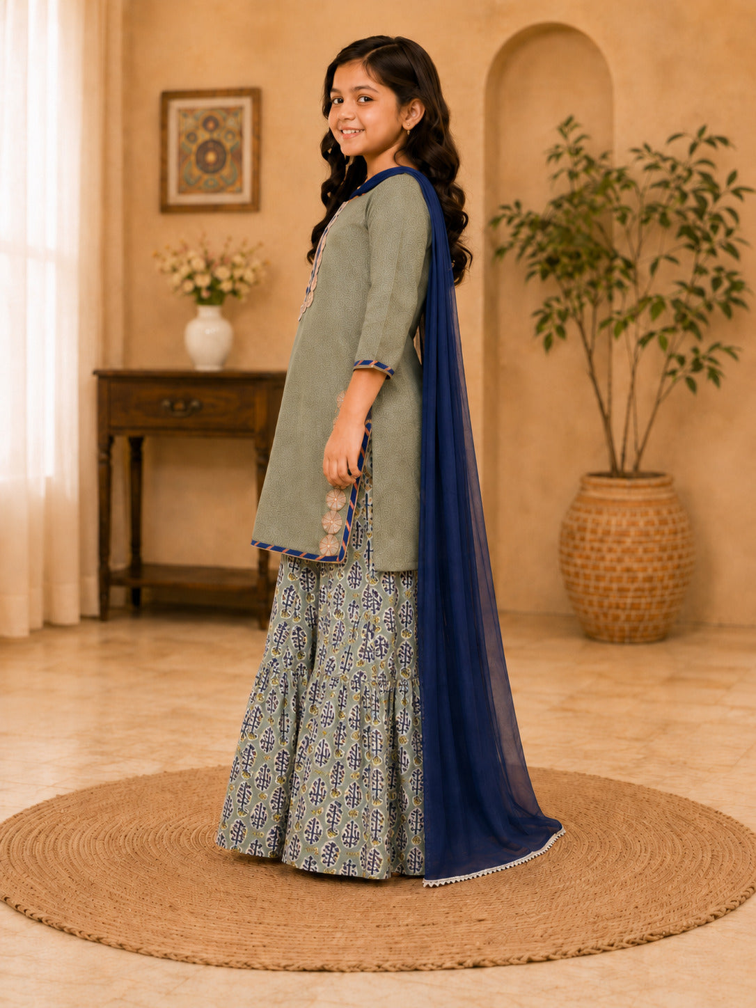 Girls Pista Green Kurta With Printed Sharara & Blue Dupatta