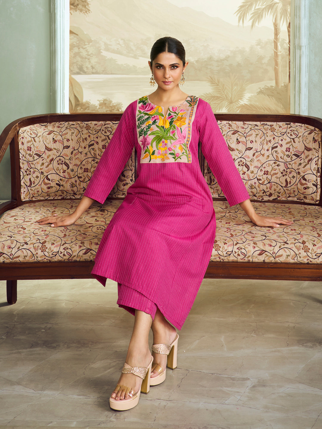 Pink Embroidered Yoke Straight Kurta Set.
