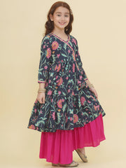 Girls Blue Pink Floral Printed Angrakha Kurta with Sharara