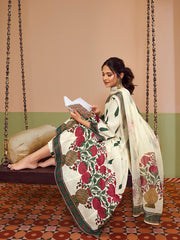 Off White Floral Printed Anarkali Flared Kurta with Palazzos Dupatta.