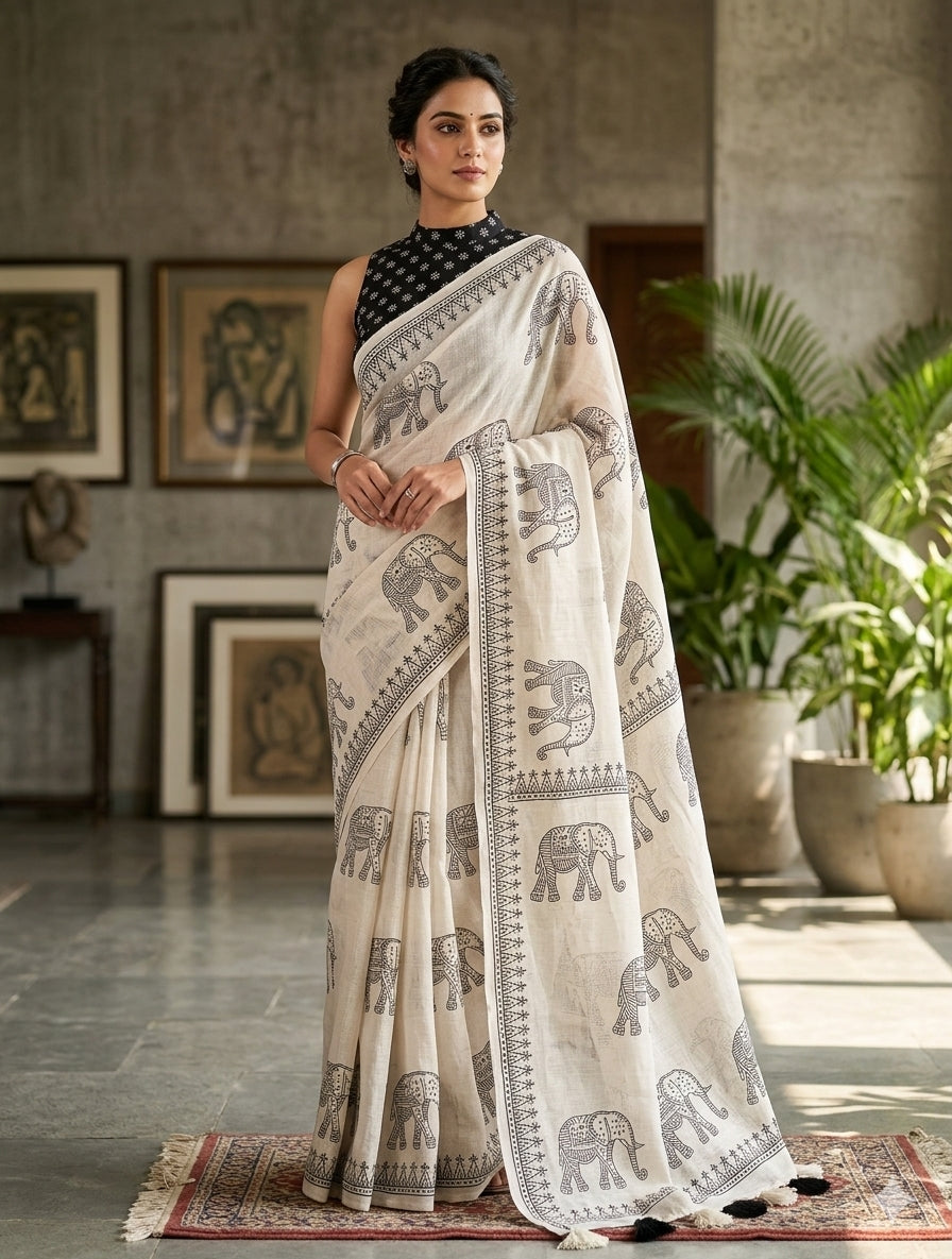 Soft linen saree with shaded style prints.