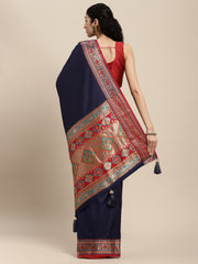 Ethnic Navy Blue Party Wear Saree with Rich Pallu and Contrast Red Zari Border