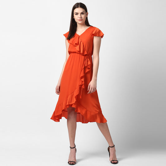 Women's Orange Front Ruffle Dress