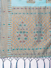 Elegant Sky Blue Linen Saree with Intricate Woven Patterns – Lightweight Grace for Everyday and Festive Moments
