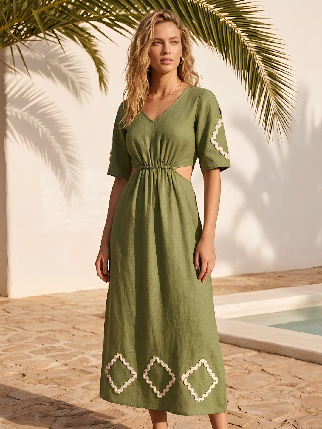 Puff Sleeve Linen A-Line Midi Dress-ADR-19830A