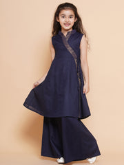 Solid Sleeveless Above Knee Length Cotton Kurta With Palazzo - Navy Blue