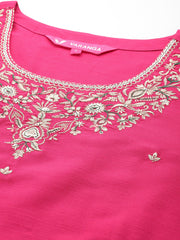 Women Pink Placement Design  Embroidered Straight Kurta Paired With Contrast Bottom And Chiffon Dotted Dupatta With Four Side Fringes