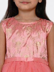 Silk Woven Sleeveless Foli Print Flared Frock - Peach