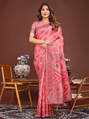 Grace in Every Thread: Pink Patola Linen Cotton Saree Woven with Cultural Elegance