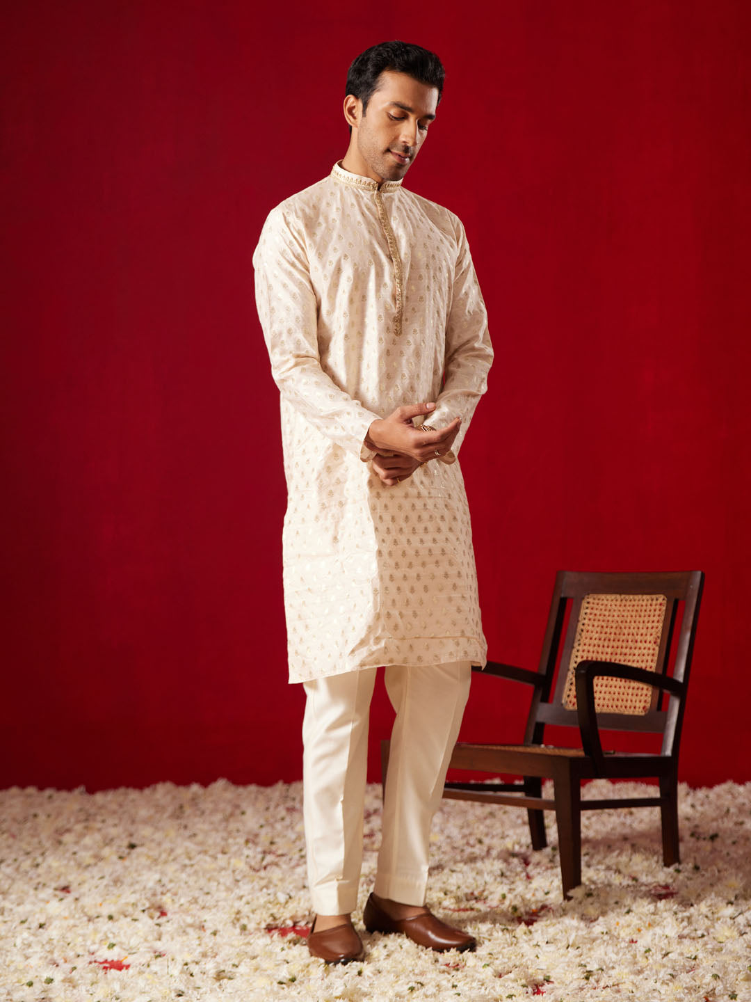 Vastramay - Men's Peach Silk Blend Kurta Only