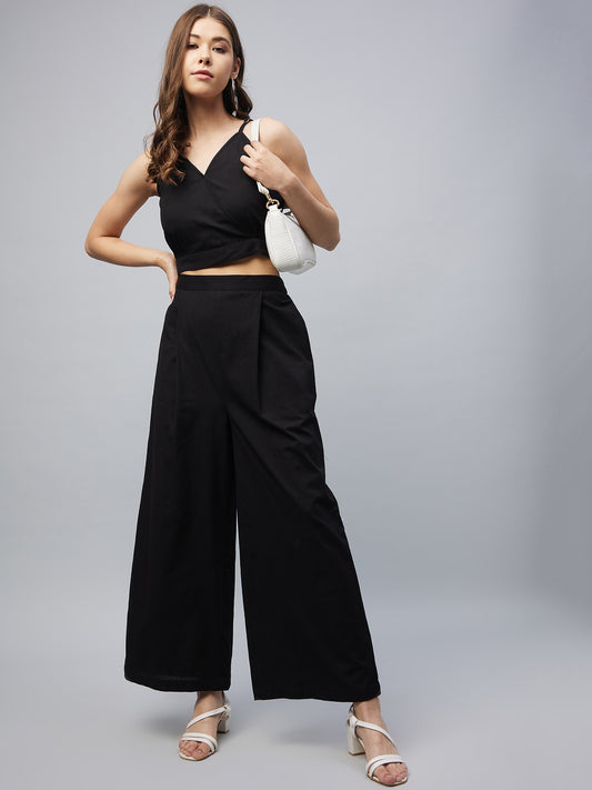 Women's Cotton Linen Black Crop Top and Pallazo set