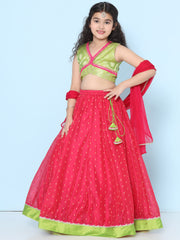 Girls Green & Pink Woven Design Choli, Ready to Wear Lehenga with Dupatta