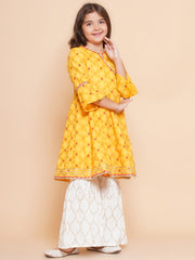 Girls Yellow Ethnic Motifs Printed Angrakha Kurta with Sharara
