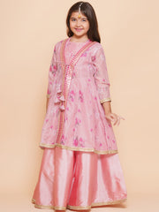 Girls Pink Floral Printed Shrug & Ready to Wear Lehenga With Blouse.