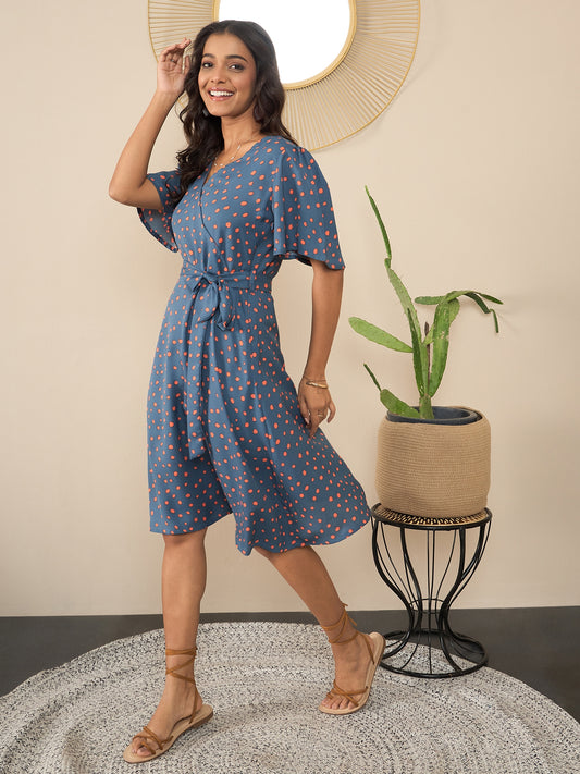 Women's Grey Polka Polyester Wrap Dress