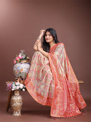 Graceful Beige & Coral Linen Cotton Saree – Lightweight Elegance for Modern Women
