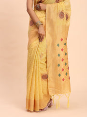 Elegant Linen Cotton Saree with Woven Pallu, Big Butta Work & Tassels - Office & Festive Wear