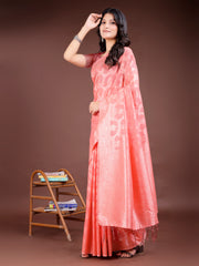 Elegant Peach Pink Linen Cotton Saree for Women – Soft Lightweight Saree with Subtle Self-Weave & Tassel Pallu