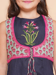Girls Navy Blue Embroidered Jacket Style kurta with Sharara
