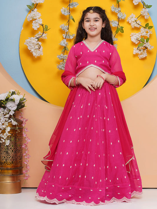 Girls Pink Embroidered Ready to Wear Lehenga Choli with Dupatta