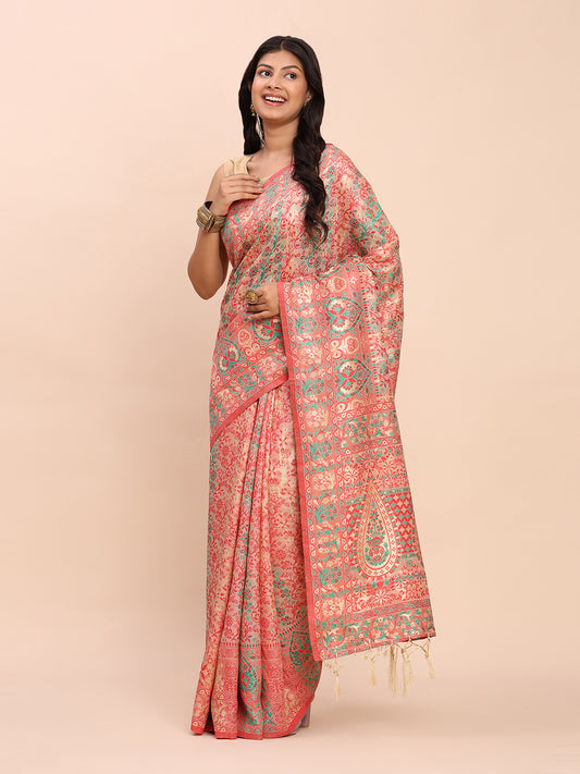 Elegant Cream Jacquard Linen Cotton Saree with Traditional Multicolor Weave & Tassel Pallu – Festive & Casual Wear for Women