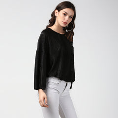 Women's Satin Black V Pleat Detail Top