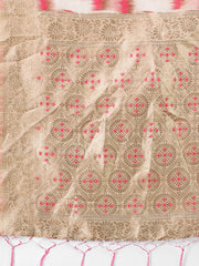 Elegant Beige & Coral Linen Saree with Zari Border and Abstract Pattern – Premium Festive & Office Wear