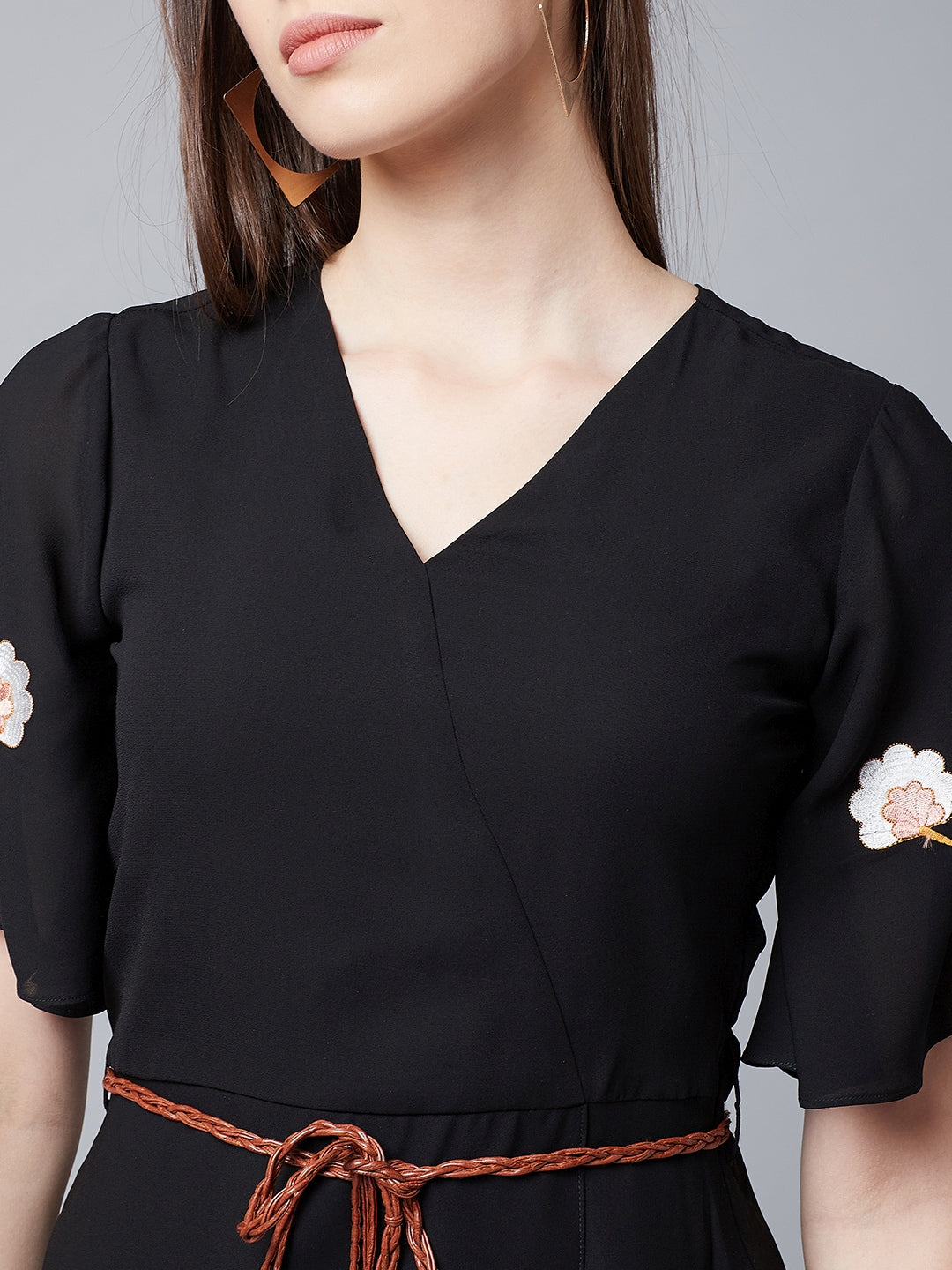Women Black Embroidered Wrap Dress