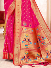 Pink Kanjivaram Silk Saree with Golden Zari and Colorful Peacock Woven Pallu Design