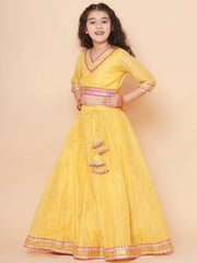 Girls Yellow Jacquard booti Lehenga Choli Ready to Wear with Pink Dupatta