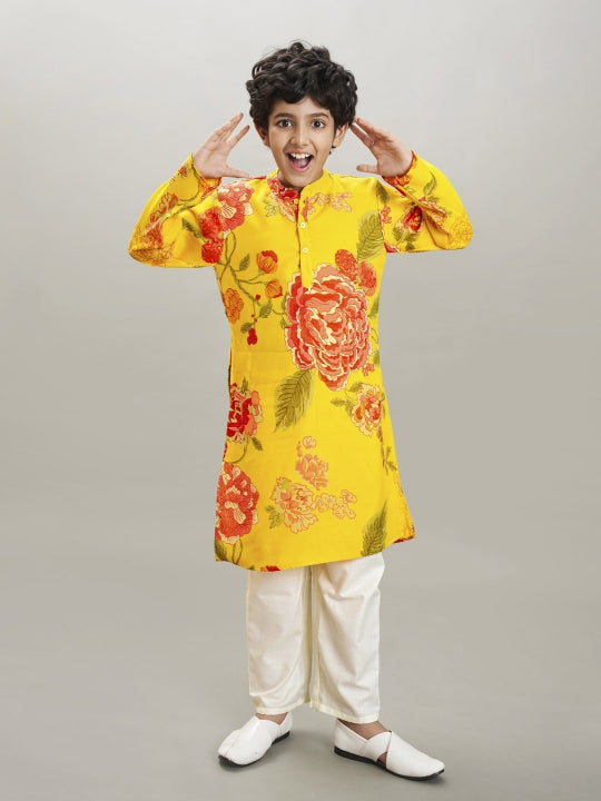 Boys yellow & red floral printed kurta with a off white pajama