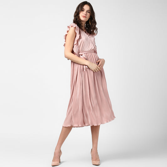 Women's Champagne Gold Satin Pleating Evening Midi Dress