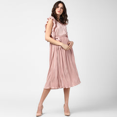 Women's Champagne Gold Satin Pleating Evening Midi Dress