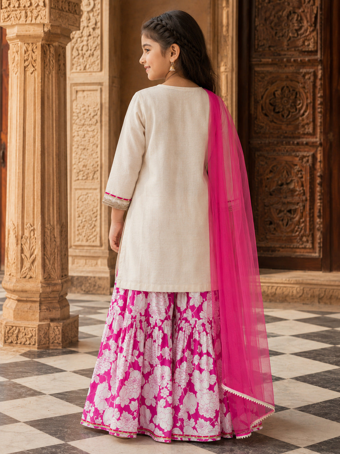 Girls Off white Kurta With Pink Floral Printed Sharara & Dupatta