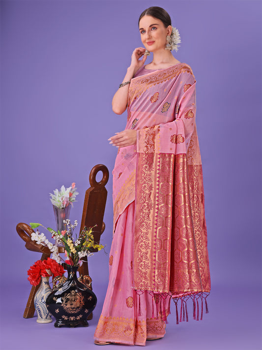 Light Pink Woven Zari Traditional Linen Cotton Saree with Rich Pallu & Unstitched Blouse – Festive & Wedding Wear Saree