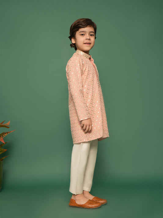 Boys' Peach Kurta And Pyjama Set