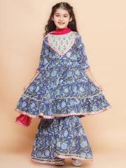 cotton Woven Three-Quarter Sleeves Floral Print Flared Kurta And Sharara With Dupatta Set - Blue